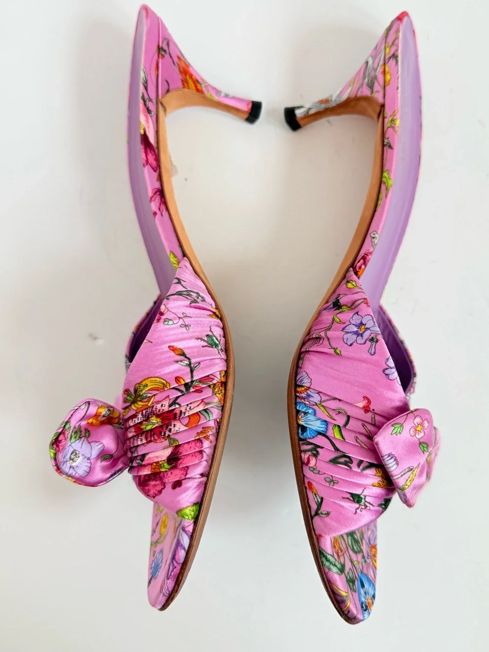 Gucci Flora Satin Bow Mule Heels Pink Cyclamen Floral Sandals US 9 Vintage Y2K - Picture 6 of 13